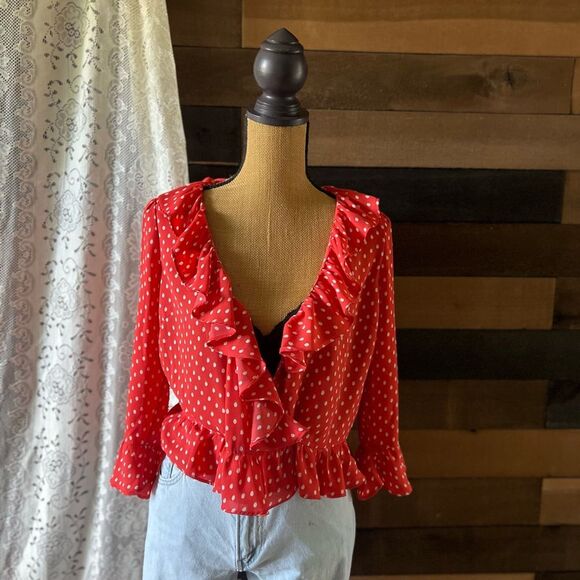Modern Gap Red & Off White Polka Dot Ruffled Tie Front Blouse - Picture 5 of 14